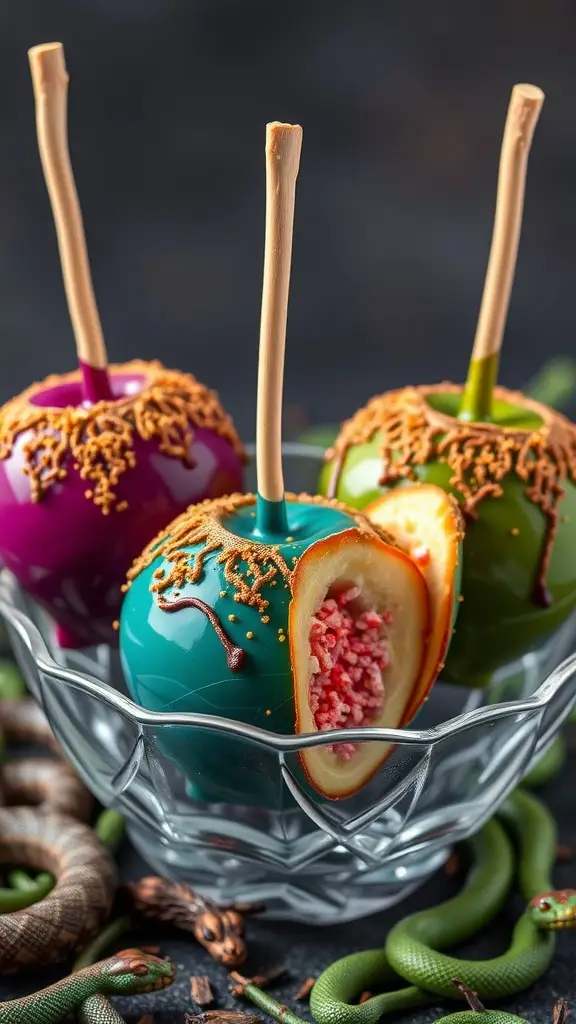 Colorful candy-coated apples with a fun surprise inside, decorated with sprinkles.