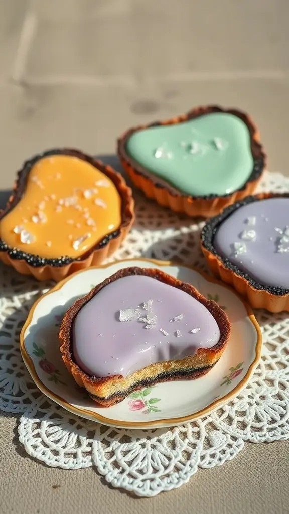 Colorful tarts with various pastel-colored glazes sitting on a lace doily.