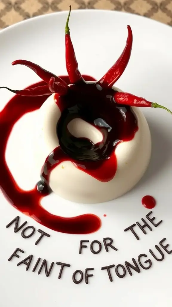 A creamy, spicy panna cotta topped with sweet chili sauce and garnished with red chilies.