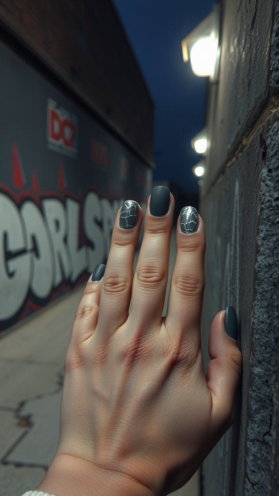 Close-up of a hand with dark gray nails featuring chrome accents that resemble cracked concrete, set against a graffiti backdrop.