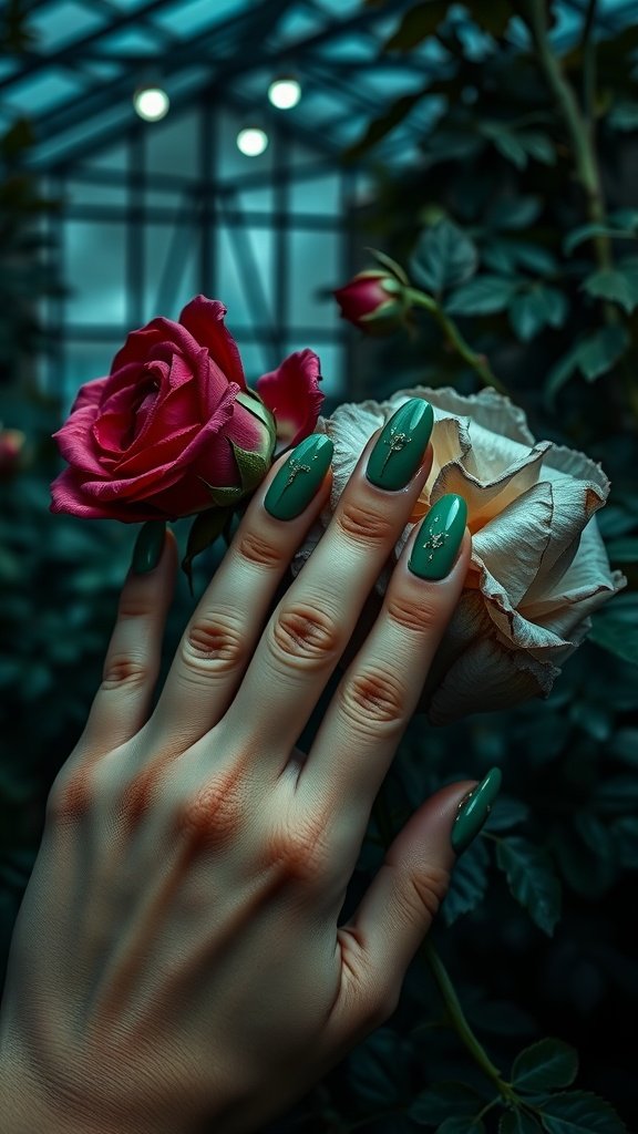 A hand with deep green manicured nails adorned with gold accents, holding red and white roses.