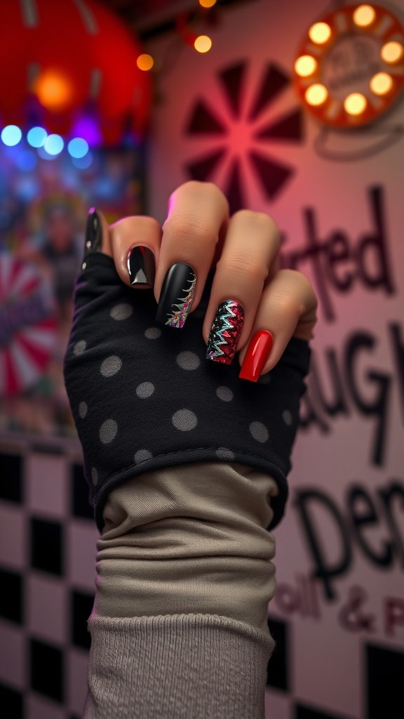 A hand with edgy Harlequin Glitch nails featuring black and red designs, set against a whimsical carousel backdrop.