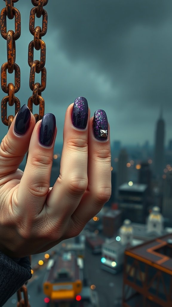Close-up of a hand showing manicured nails in dark amethyst with glitter, against a moody industrial backdrop.