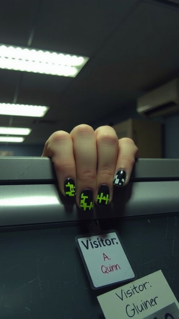 A hand with green and black manicured nails placed on a cracked monitor, hinting at a mysterious atmosphere.