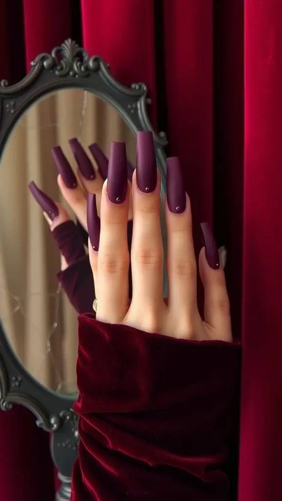 A hand in a red velvet glove reaches for a cracked mirror, showcasing stylish long nails against a rich red velvet backdrop.