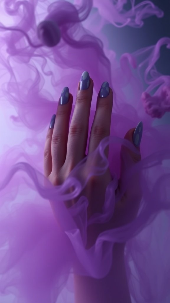 A hand with silver manicured nails reaching through purple smoke.