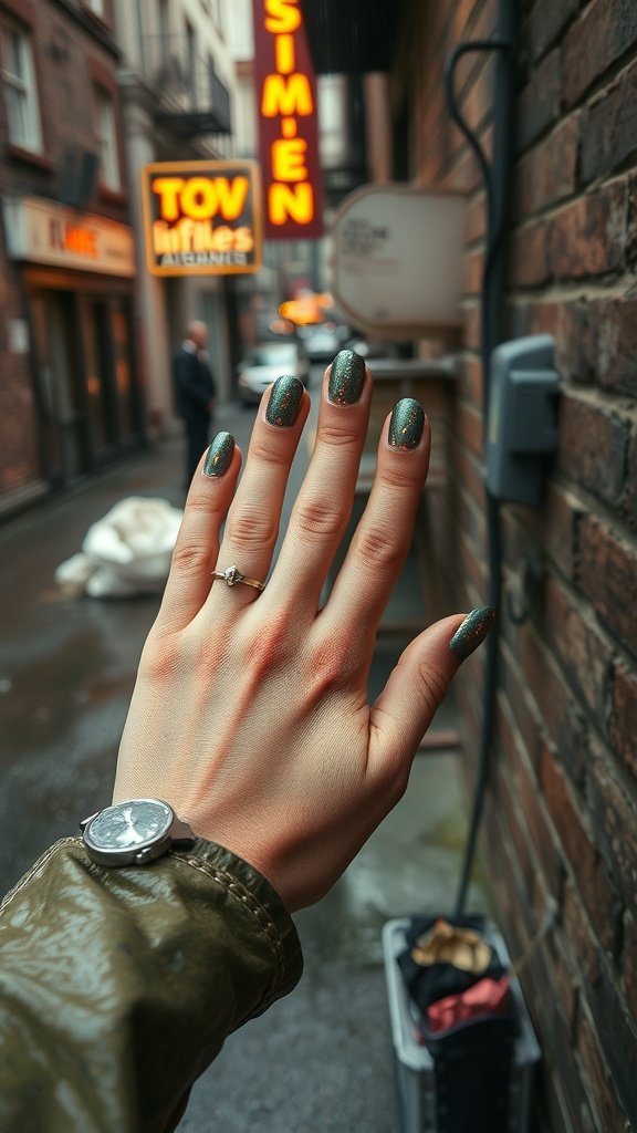 A hand with sparkly green nails in an urban alley, showcasing a glam style against a gritty backdrop.