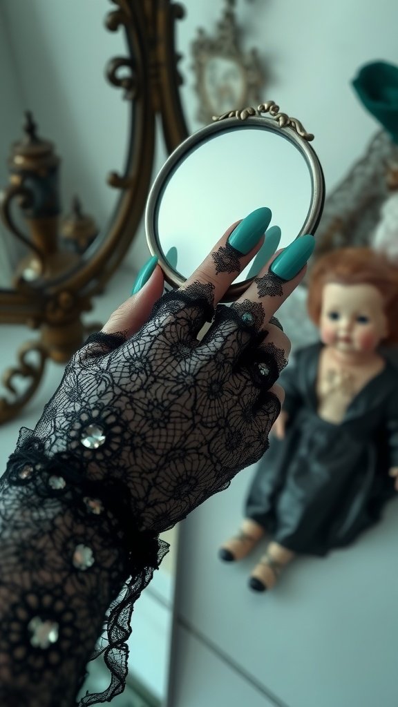 A hand with striking green nails holding a vintage mirror, adorned with lace sleeves and a skull in the background.