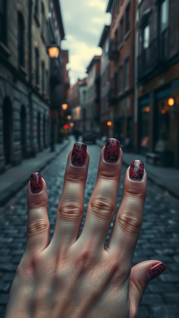 A hand displaying a bold manicure against a cobblestone street in a moody urban setting