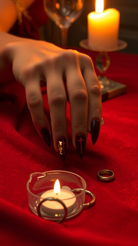 A hand with long black nails featuring gold accents, set against a red background with candles.
