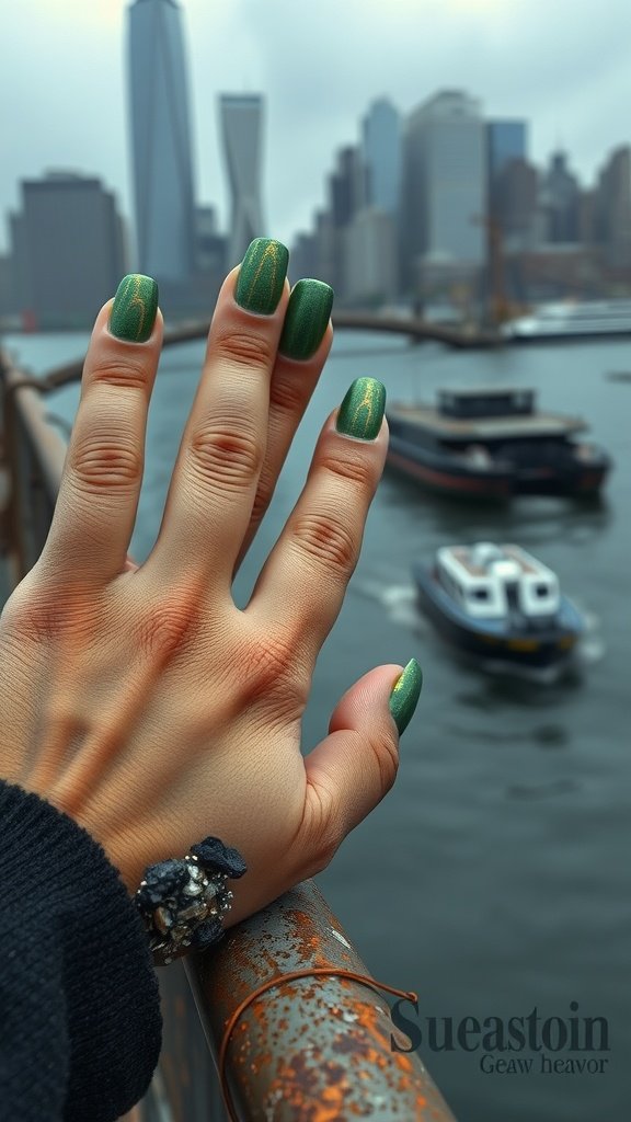 A hand with lethal lavender nails against a backdrop of vintage newspapers, showcasing a stylish and bold nail design.
