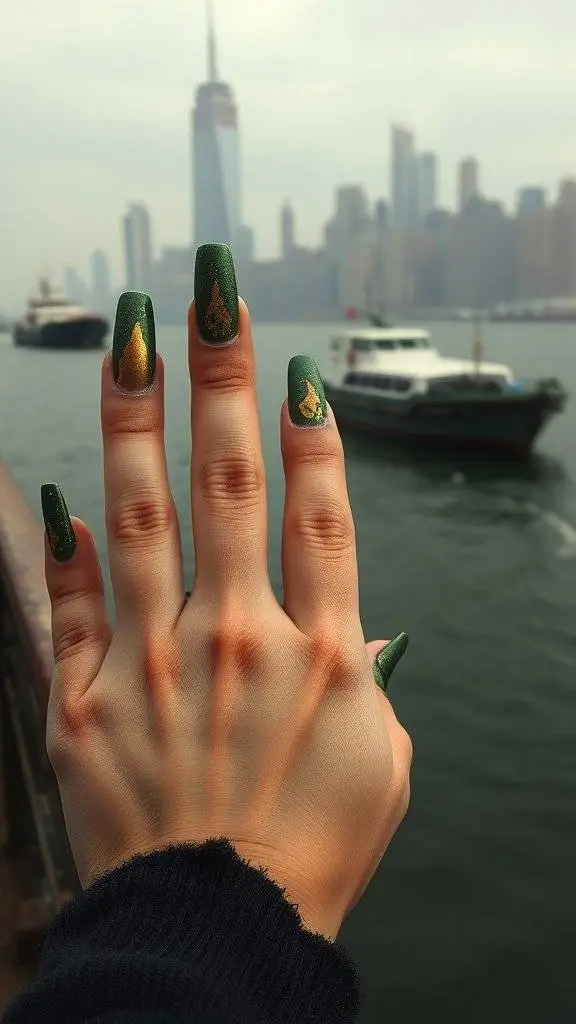 A close-up of manicured nails with glossy black polish and sapphire embellishments, surrounded by smoke and a lit candle.