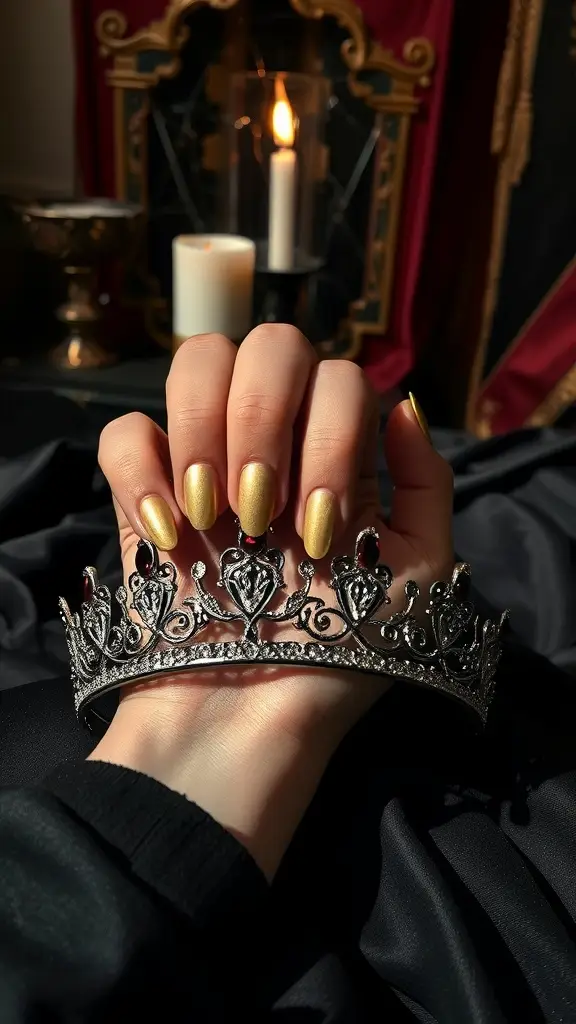 A hand reaching out to touch two ornate crowns on dark fabric with candles in the background.