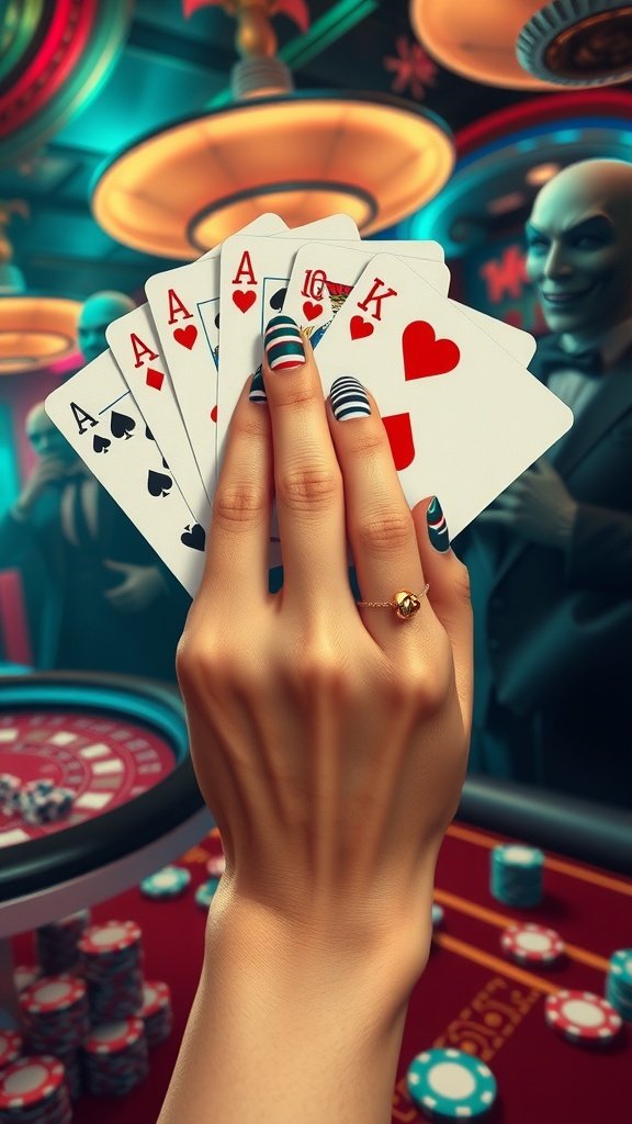 A hand displaying a poker hand with colorful nail designs, featuring joker faces and playful patterns, set in a lively environment.