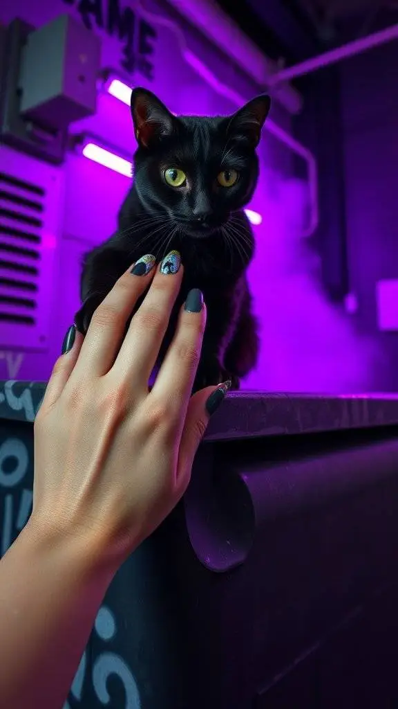 A hand with stylish nails reaching towards a black cat in a purple-lit urban setting