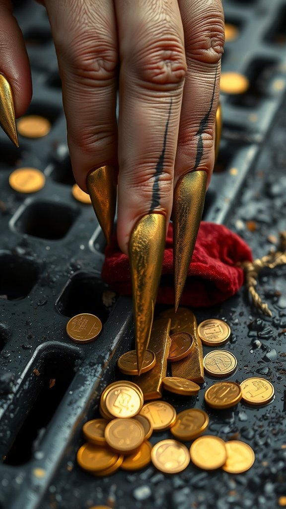 A hand with long, pointed golden nails reaching towards gold coins on a dark, textured surface.