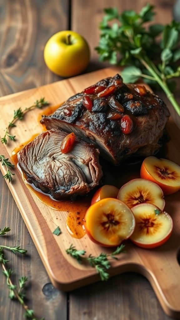 A serving of cider-braised pork with sliced apples on a wooden board.