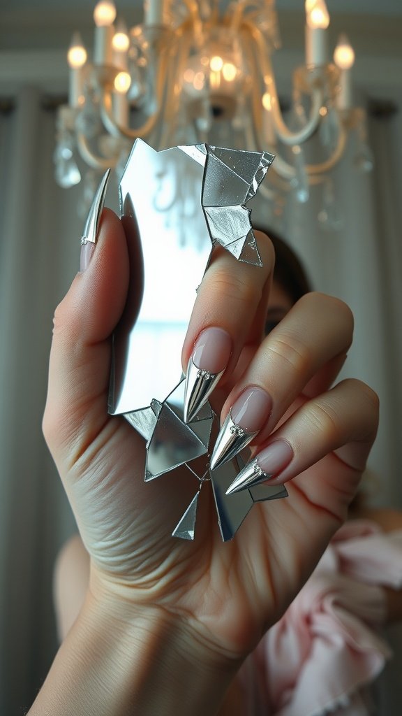 A hand holding cracked mirror pieces, showcasing intricate nail art with a reflective surface.