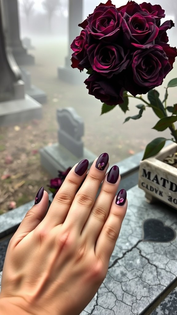A close-up of a hand with dark nails holding a bouquet of red roses, set against a foggy graveyard background.