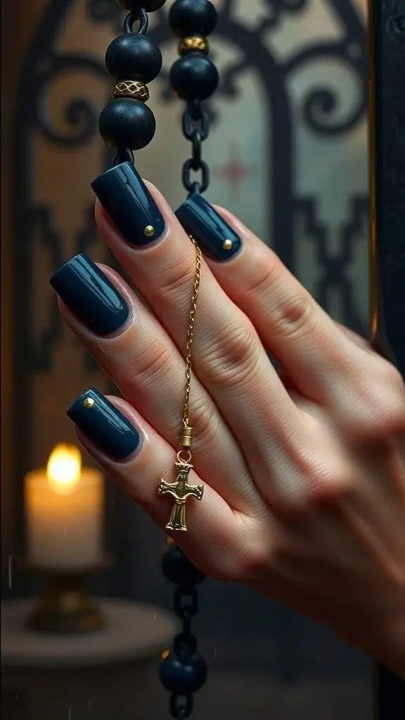 A hand with navy blue nails holding a rosary against a dimly lit background