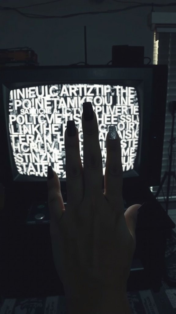 A hand with stylish dark nails in front of a vintage TV showing static.
