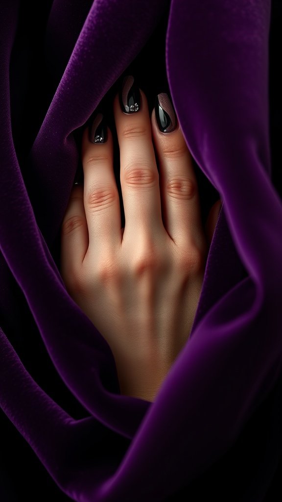 A hand with manicured nails surrounded by luxurious purple velvet fabric.