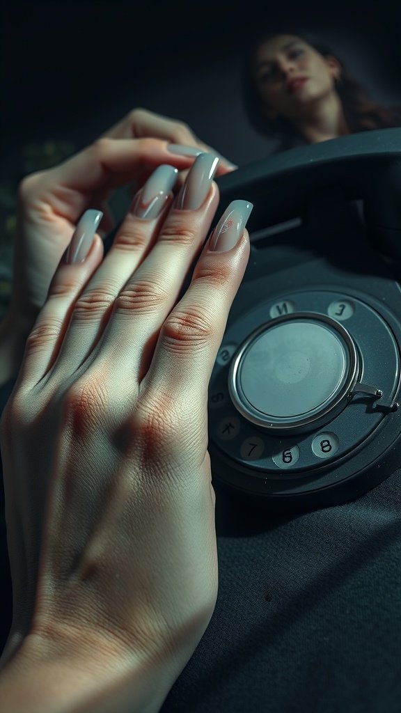 A close-up of a hand with manicured nails resting on a vintage rotary phone, with a blurred figure in the background.