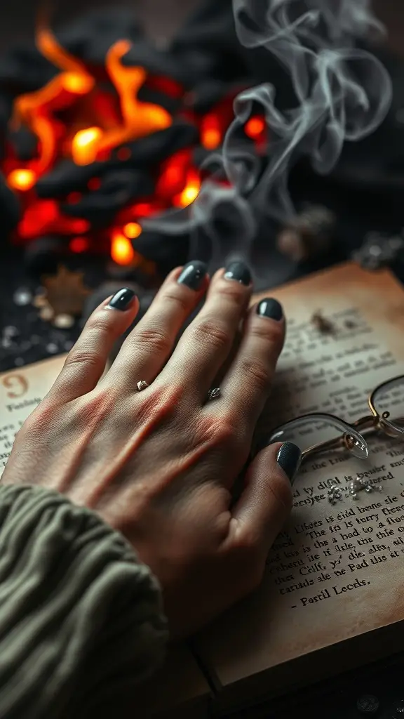 A hand resting on an open book with glasses beside it, illuminated by flickering flames in the background.
