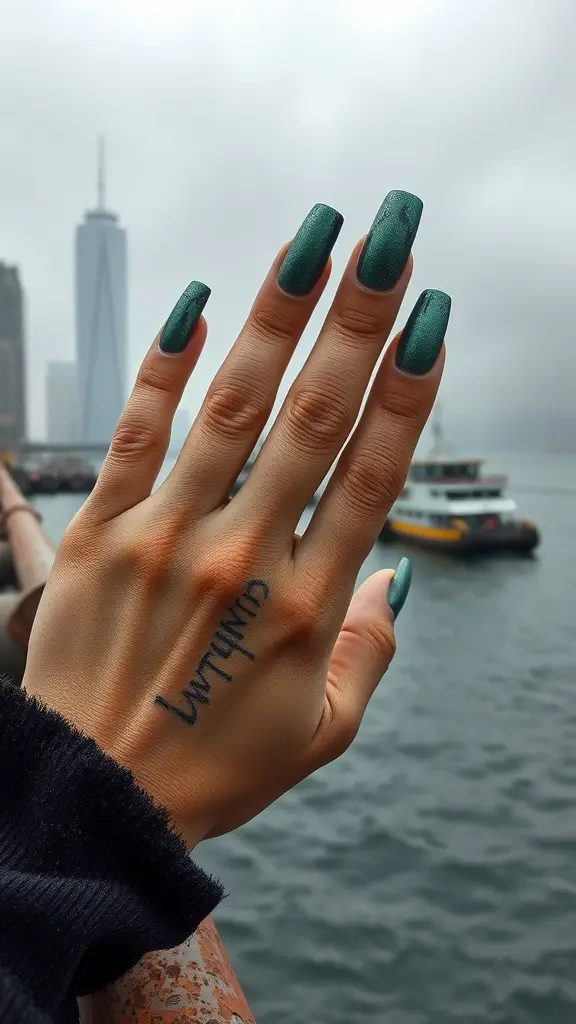 A hand with teal ombre nails poses against the Gotham City skyline, resting on a rusty railing by the quay.