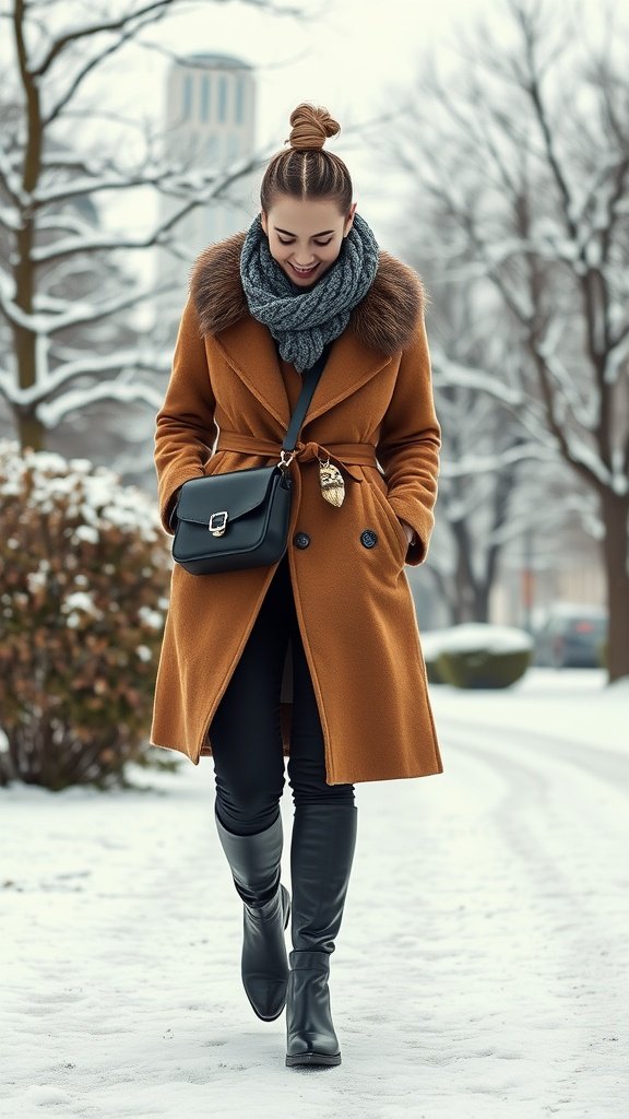 A woman dressed in a mustard coat with a fur collar, gray knitted scarf, black leggings, and knee-high boots, walking in a snowy landscape.