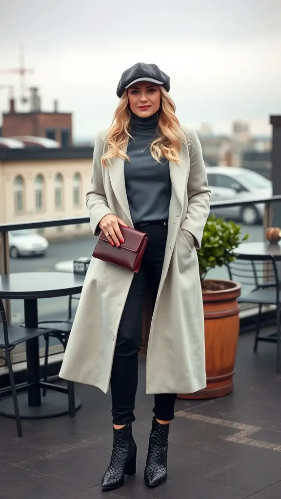 A stylish woman wearing a long light coat, fitted black pants, and black ankle boots, holding a burgundy clutch while standing outdoors.