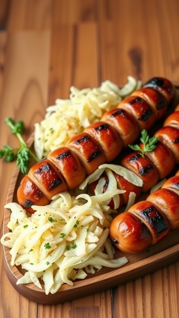 Wild game sausages served with sauerkraut on a wooden platter.