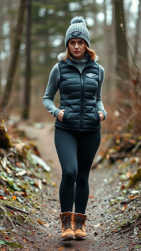 A woman in a gray hoodie, black puffer vest, and leggings paired with furry black boots, walking on a forest path.