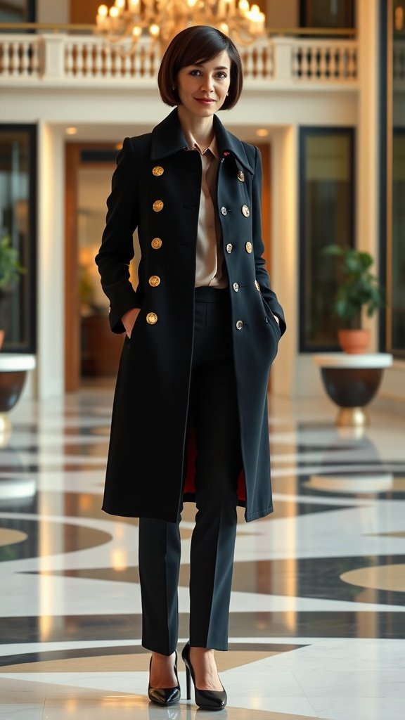 A woman in a black coat and tailored pants stands confidently in a modern lobby with chandeliers.
