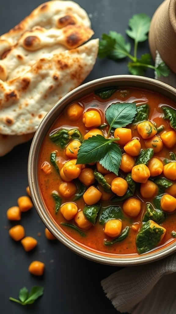 Chickpea and Spinach Curry in a bowl with naan on the side.