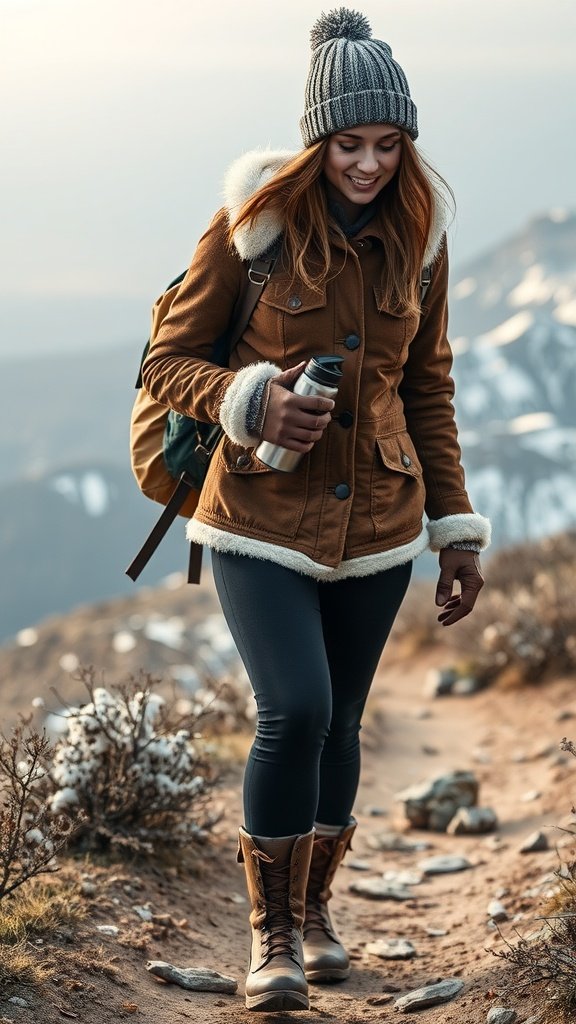 A woman in a brown jacket and knitted beanie hiking in the mountains.