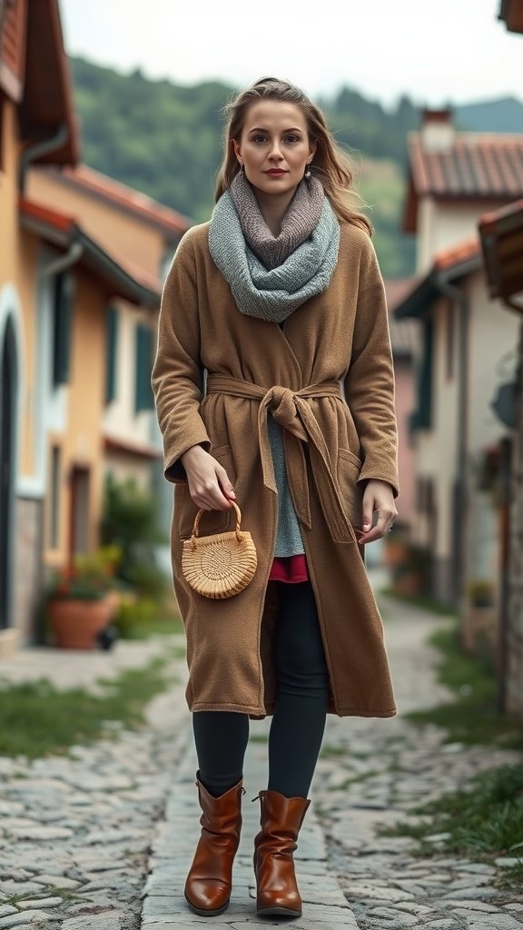 A woman dressed in a cozy golden coat, black boots, and a knitted scarf, walking down a village path.