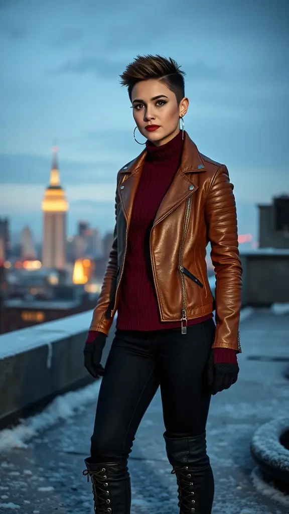 A stylish woman on a rooftop in winter attire, featuring a brown leather jacket, burgundy turtleneck, and black skinny pants.