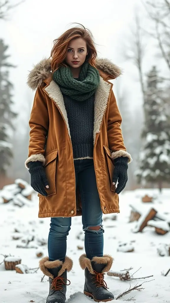 A young woman wearing a fur-lined coat, green scarf, and warm boots stands in a snowy forest.