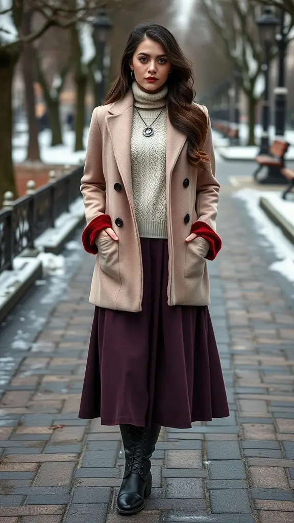 A woman in a stylish winter outfit with a long coat, turtleneck sweater, and burgundy skirt, set in a snowy park.