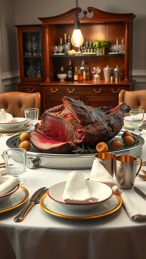 A beautifully prepared prime rib roast garnished with rosemary, served on an elegant dining table.
