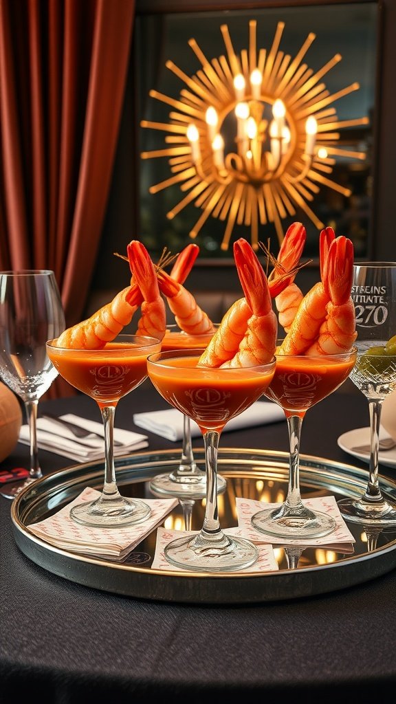 Classic shrimp cocktail served in coupe glasses with cocktail sauce and garnishes.
