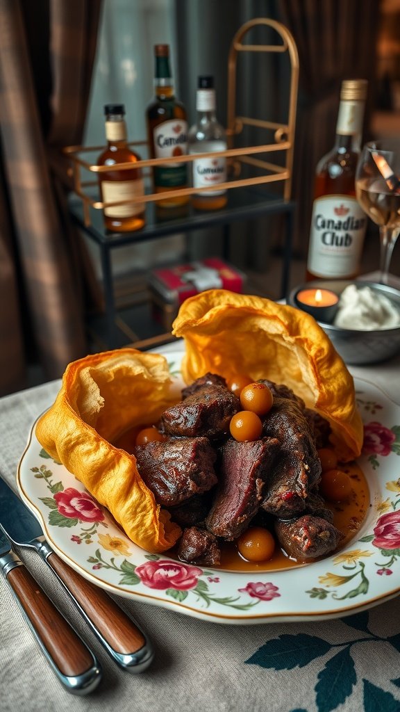 A plate of Beef Wellington with a rich sauce, surrounded by a warm, inviting atmosphere.