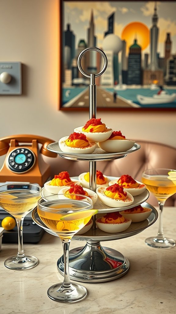 A stylish display of deviled eggs topped with paprika and caviar, perfect for a vintage dinner party.