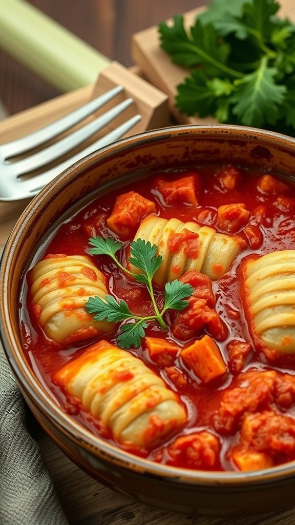 A bowl of stuffed cabbage rolls in tomato sauce garnished with herbs.