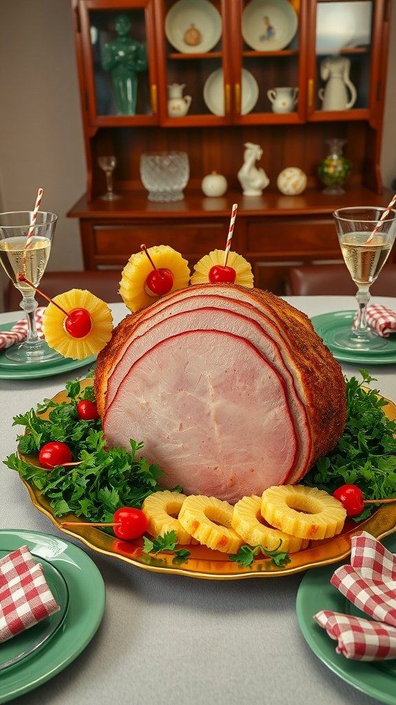 A beautifully presented pineapple glazed ham garnished with pineapple slices and cherries.