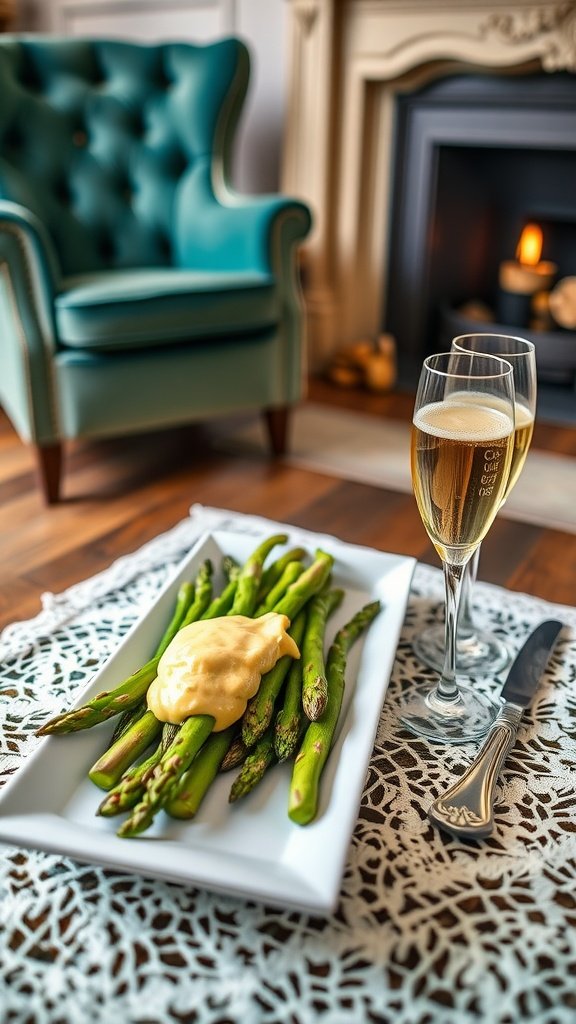 Elegant asparagus spears topped with creamy hollandaise sauce, served on a white plate.