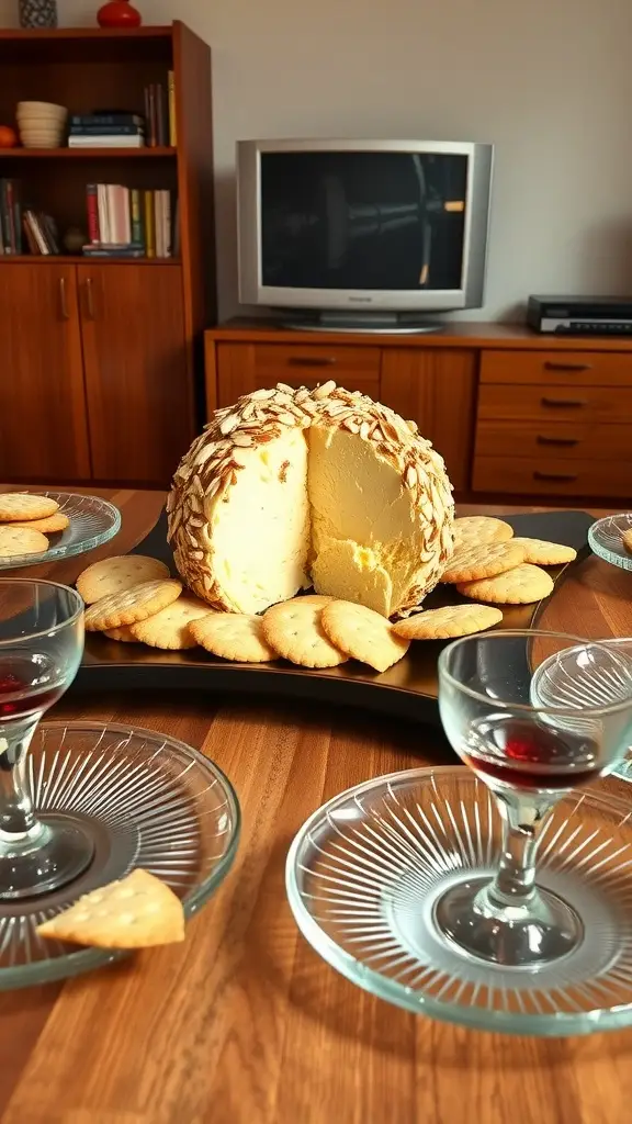 A retro cheese ball coated with almonds, served on a platter with crackers.
