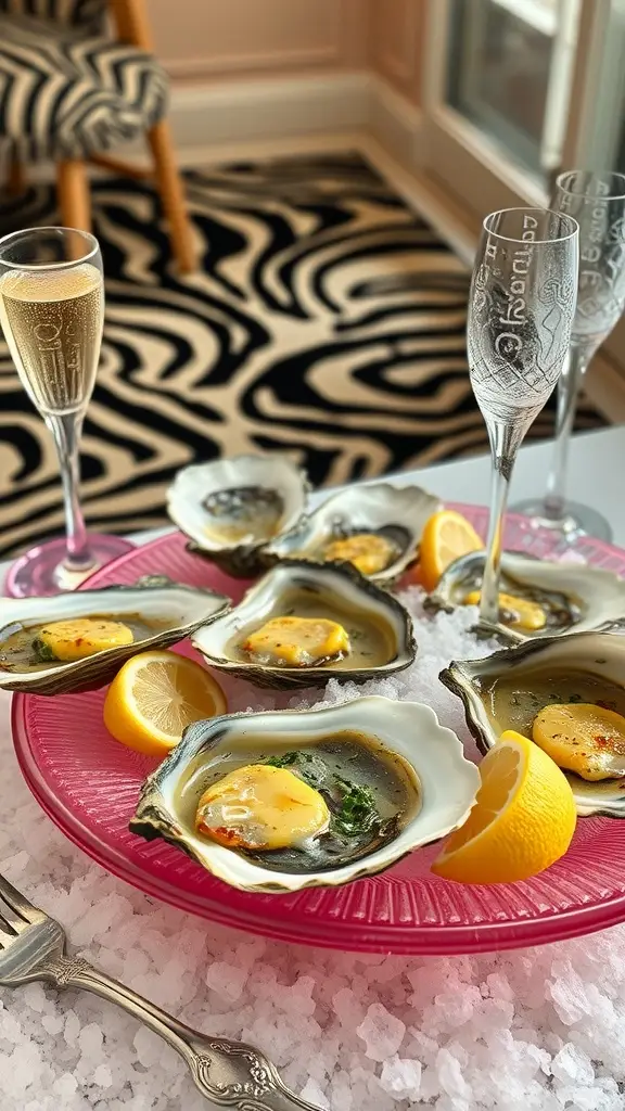 Oysters Rockefeller garnished with lemon on a pink platter