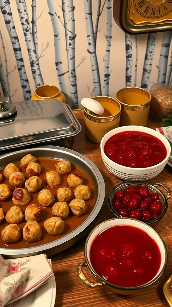 A serving of Swedish meatballs with lingonberry sauce and accompanying garnishes.